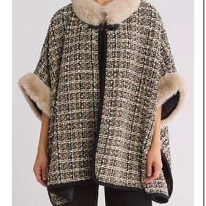 Vince Camuto Faux Fur Trim Tweed Poncho Cape Shawl Wrap – NWOT